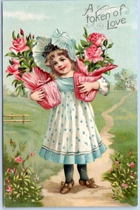 AK Valentinstag Eine Liebesmedaille hübsches Mädchen Blumentöpfe Rosen HV12 - Bild 1 von 2