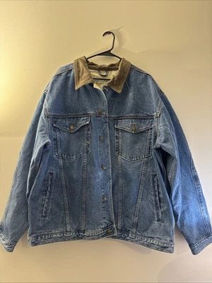 Vintage St Johns Bay Jacket Mens 2XL Chore Barn DENIM Coat LEATHER COLLAR - Image 1 of 4