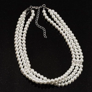 8mm Bridal/ Prom/ Wedding 3 Strand White Simulated Glass Pearl Fashion Choker - - Picture 1 of 4