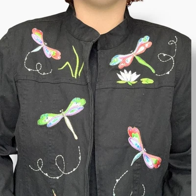 Chaqueta libélula bordada frontal cremallera algodón/spandex Quacker Factory talla XL Foto 1 de 4