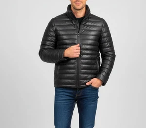 Mens leather puffer sheepskin distressed down quilted jacket puffy coat size all - Picture 1 of 47