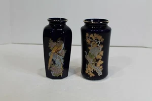 2 Cobalt Blue Porcelain Vases 6-1/4" VTG Herons Bird of paradise - Picture 1 of 6