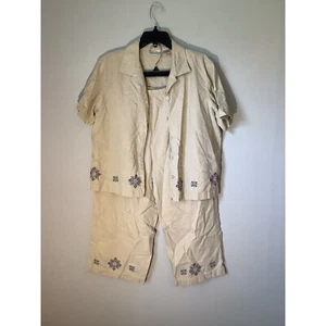 Kim Roger's Linen Blend Outfit Embroidered Floral Details Set Size L - Picture 1 of 10
