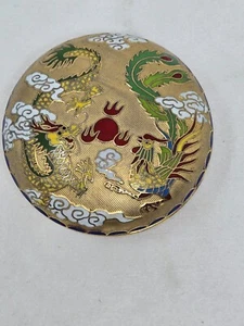 VINTAGE CHINESE BRASS CLOISONNE ENAMEL GOLD DRAGON & PHOENIX LIDDED BOX DISH 3" - Picture 1 of 6