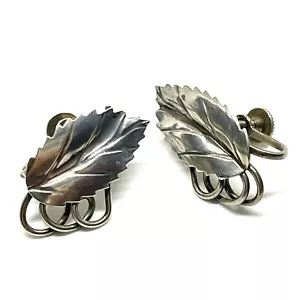 Vintage Sterling Silver Leaves with Curls Coils Loops Design Screw Back Earrings - Picture 1 of 6