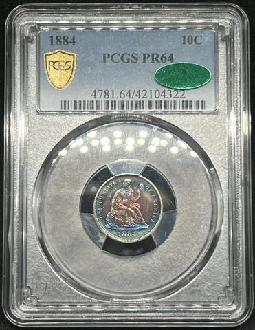 1884 Liberty Seated Dime Proof PCGS PR 64 CAC Gold Shield Mega Toned Silver 10C Cover
