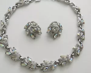 Vintage C. Trifari silberfarben Aurora Borealis Kristall Halskette Ohrringe Set Parure - Bild 1 von 12