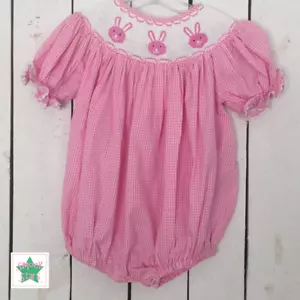 NeW SMOCK STARS Girls Smocked Bubble Easter Bunny Pink Gingham Sz 18m 24m 2T 3T - Picture 1 of 2