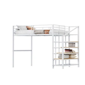 Hochbett Kinderbett Jugendbett Metall 140x200 mit Ablageflächen und Treppe Weiß - Bild 1 von 12