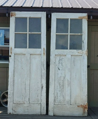 Antique French Door Set of 2 OLD Solid Wood/Glass Salvaged Doors 90.5"H 32"W ea Cover