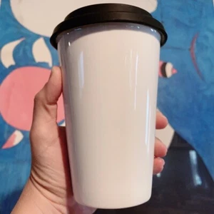 Crisp White Smooth Porcelain Free Of Branding Travel Tumbler Black Silicon Lid - Picture 1 of 5