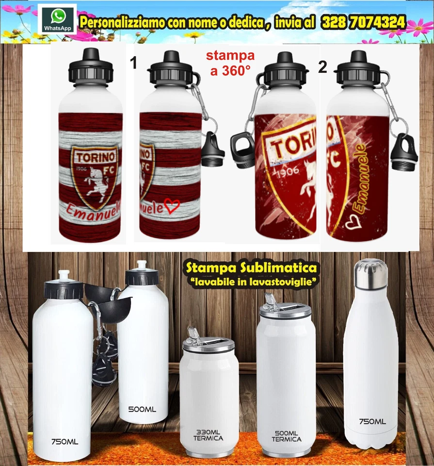 BORRACCIA Alluminio personalizza CON NOME calcio squadra cuore Torino scuola - Immagine 1 di 1