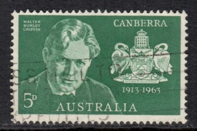 Australia Stamp Scott 353 Used 5p Walter Burley Griffin (1963) Arms of Canberra - Image 1 of 2