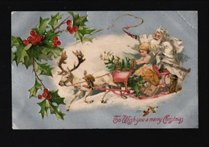 Santa Claus - Wish A Merry Christmas Postcard 1907 Reindeer Sleigh ~ Free Ship - Picture 1 of 3