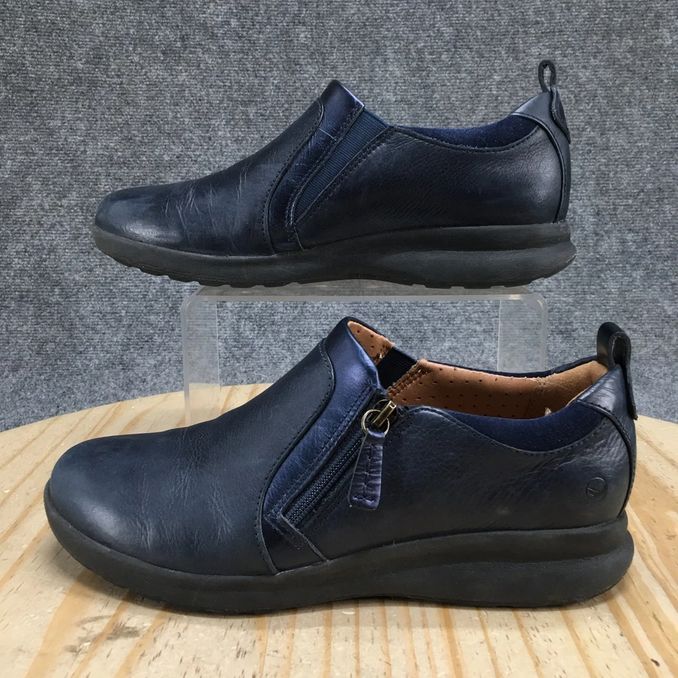 Clarks Unstructured Shoes Womens 8M Un Adorn Casual Side Zip Loafer Blue Leather - Image 1 of 4