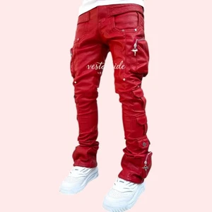 Herren Blutrote Echt Lammleder Leder Hose Handarbeit Cargo Tasche Stil LGBTQ - Bild 1 von 5