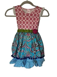 Giggle Moon Girls Size 6 Dress Pink Blue Flower Cotton Ruffle Pom Pom Trim Rose - Picture 1 of 5