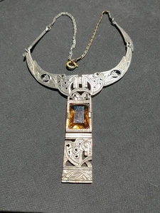 Vintage Miracle Britain Scottish/Celtic Amber Topaz Glass Bib Necklace 16” - Picture 1 of 11