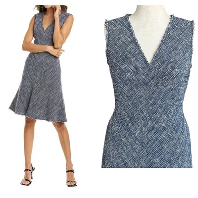 Vestido de tweed REBECCA TAYLOR azul marino sin mangas ajuste y flecos acampanados para mujer talla 8 NUEVO Foto 1 de 4