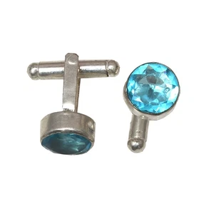 Swiss Blue Quartz Gemstone Handmade Ethnic Silver Jewelry Cufflinks 2.5'' - Picture 1 of 9