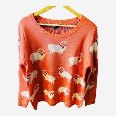 Pol Women’s Sheep Print Pullover Knit Sweater Coral Large Princess Diana - Image 1 of 4