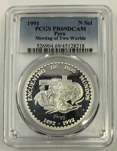 PERU 1 Sol 1991 Silver PCGS PR69 TOP POP Ibero - American Discovery of America - Picture 1 of 4