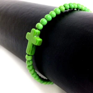 Green Cross Bracelet Handmade Beaded Howlite Turquoise Bead 7.5" Halloween Gift - Picture 1 of 16