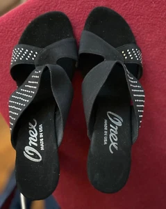 Onex Black Chrome Silver Elastic Slide Wedge Sandal Heels Italy 8.5 39 Studded - Picture 1 of 10
