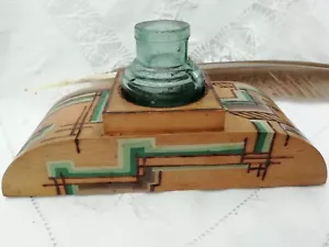 Antique Art Deco Desk Top Poker Work Wooden Ink Well Hand Painted Geometric - Picture 1 of 13