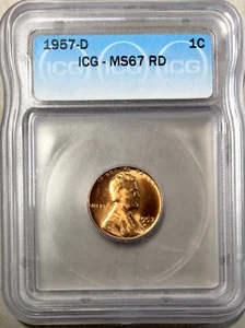 1957-D Lincoln Wheat Cent MS67 RD ICG LUSTER SHINE!! - Picture 1 of 6