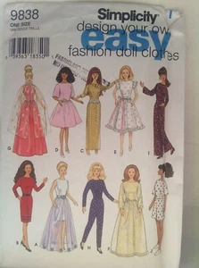 Pattern Simplicity 9838, Fashion doll clothes, DYO,  for 11.5” doll - Picture 1 of 2