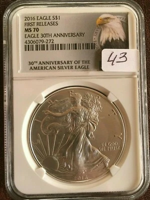 2016 W $1 SILVER EAGLE FIRST RELEASES MS70 30th ANNIVRSARY - Image 1 of 4