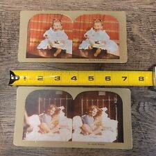 PAIR c1899 Cute Little Girl & Pug Dog/Candy Toddler Mischief Stereo Card Litho