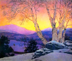 Trees in Winter Pink Sky by Maxfield Parrish - Picture 1 of 1