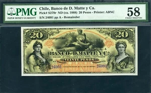 Chile 1888 20 Pesos S279r PMG 58 AUNC - Picture 1 of 2