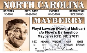 Floyd Lawson,Mayberry Drivers License 3.4” X  2.2” Laminated ID Card. - Picture 1 of 2