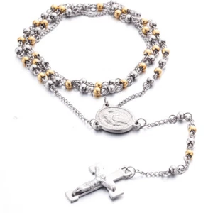 Prayer Rosary Jesus Cross Gold Silver Steel Chain Jesus Pendant Beads Necklace - Picture 1 of 6