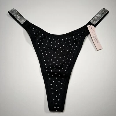Victoria Secret XXL / 2XL Thong String Bikini Bottom All Over Shine Strap Black - Image 1 of 4