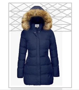 WenVen Women's Winter Puffer Coat Waterproof w/ Removable Fur Hood Blue-M-New - Picture 1 of 4