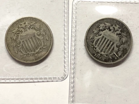 Pair of Shield Nickels 1867 1868 Classic US Coins VF+ Nice condition GREAT deal! Cover