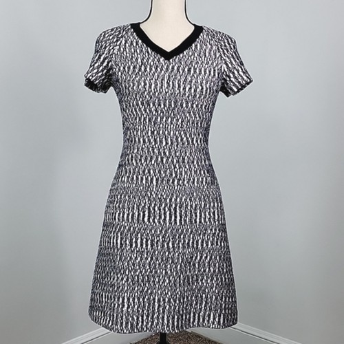 Abito Tory Burch tessuto marmorizzato tweed scollo a V linea A nero bianco navy 0 con DIFETTI