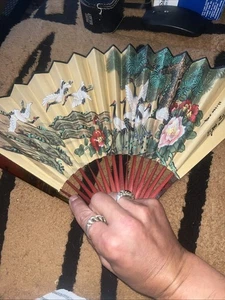 Chinese Hand Painted Wall Hanging Fan Gold Blossom & Birds Span - Picture 1 of 7