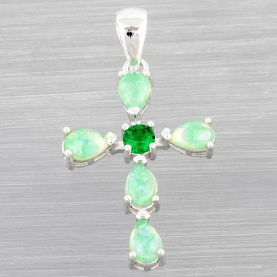 Cross Simulated Emerald Green Fire Opal Silver Filled Jewelry Necklace Pendant - Image 1 of 4