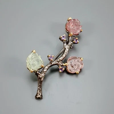 Broche de turmalina natural hecho a mano de 6 quilates + plata de ley 925/NB29083 Foto 1 de 4