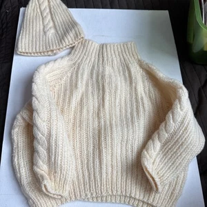 handmade knit Cable Beige toddler kids child sweater & hat set vtg - Picture 1 of 11