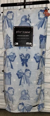 Betsey Johnson Ultra Plush Throw ChristmasCandy Cane, Bows, Bells, Blue & White - Image 1 of 4
