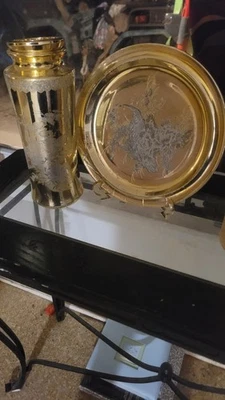 MCM Japanese Mercury Glass Gold W/Silver Etched Peacocks & Flowers 11.5"X4"   - Image 1 of 2