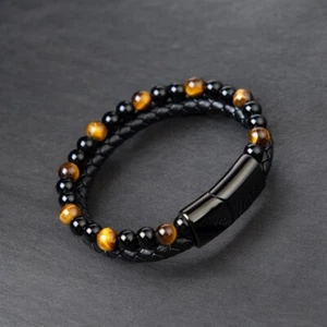 Men's Leather Bracelet Obsidian Tiger Eye Bracelet Magnetic Gift for him - Picture 1 of 5