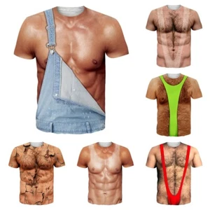 3D Print Women Men Short Sleeve T-shirt Casual Tee Muscle Fake Abs Hairy Chest - Picture 1 of 9