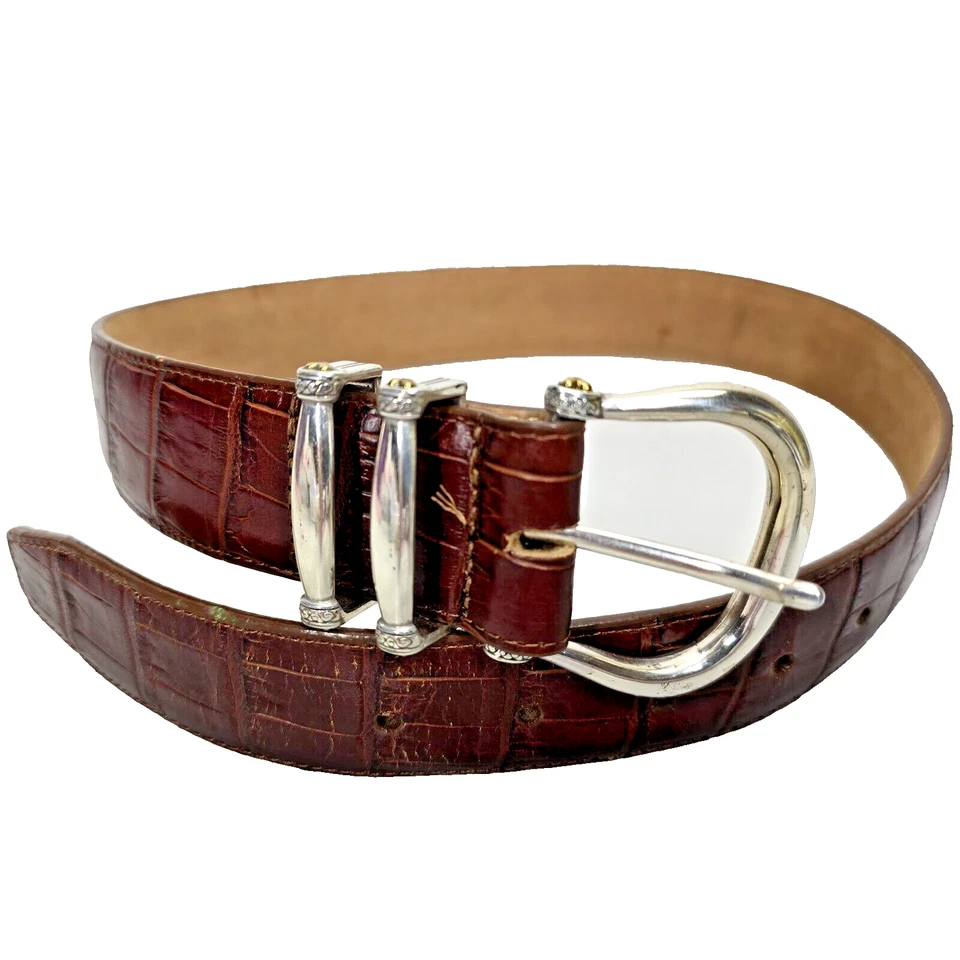 Cinturón Brighton Cuero Cocodrilo Talla 28 Hebilla Plateado Oro 33x1.5" B10045 Años 90 De Colección Foto 1 de 4